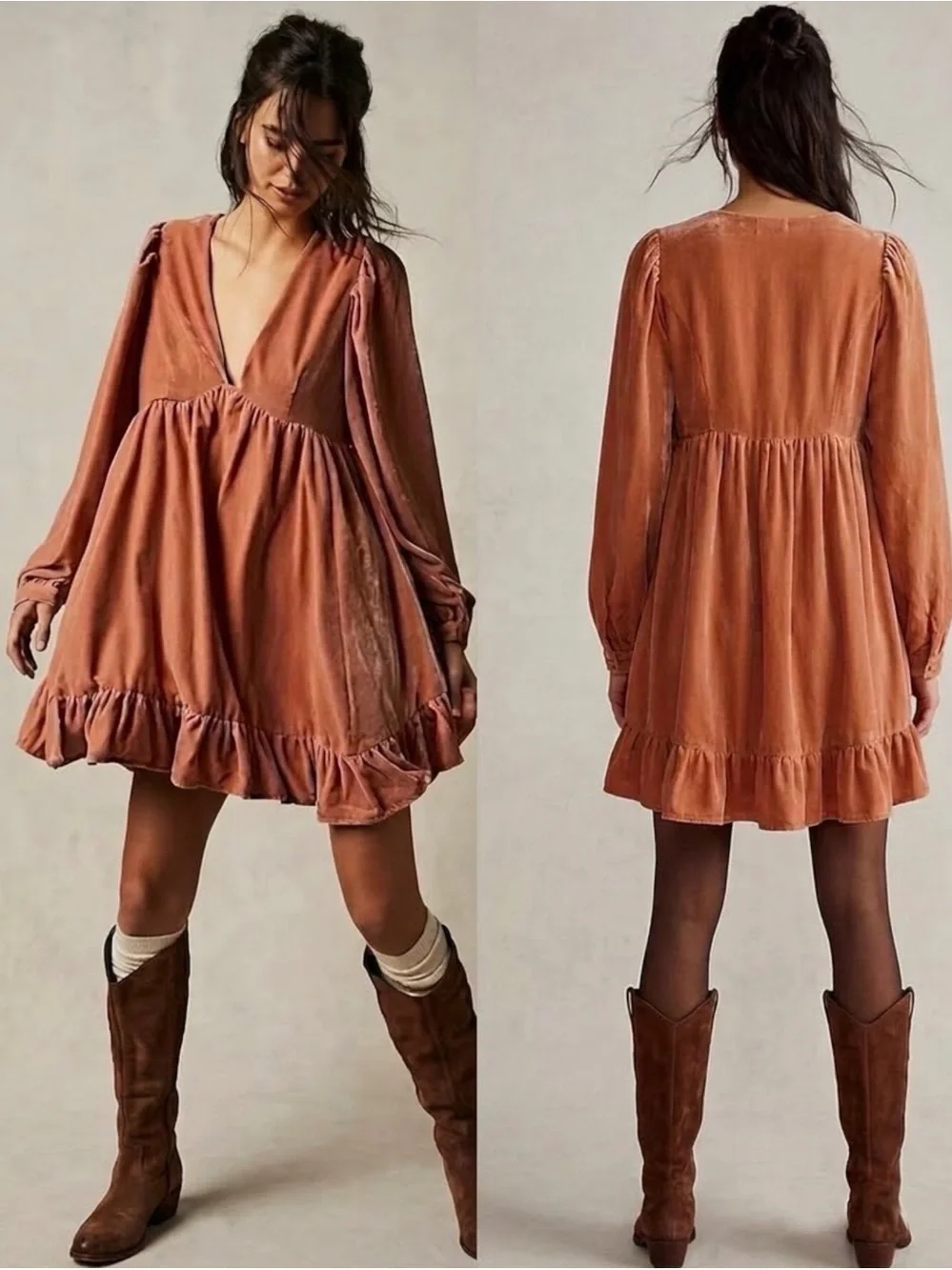 NWT Free People Estella Velvet Mini Dress Rose Pearl M Pink Babydoll Boho Ruffle